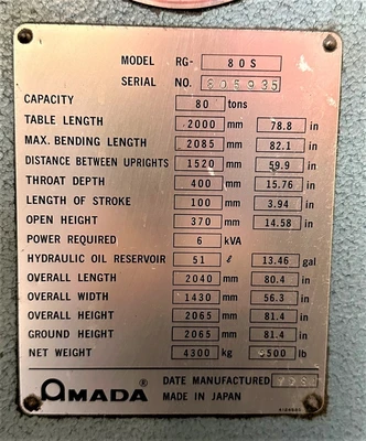AMADA RG-80S Press Brakes-Hydraulic Power | Asset Exchange Corporation (5)