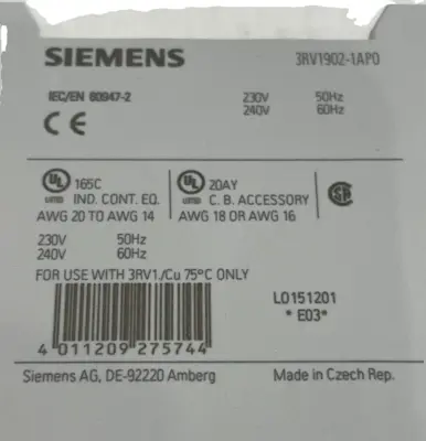 NEW SIEMENS 3RV1902-1AP0 UNDER-VOLTAGE RELEASE 3RV19021AP0