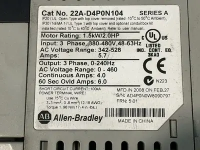 Used 2008 ALLENBRADLEY 22AD4P0N104 Variable Speed Drives Ohio US | HGR 24 #1324388