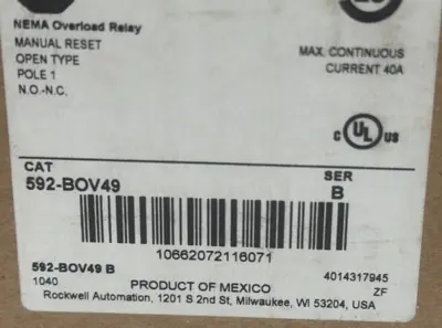 ALLEN BRADLEY 592-BOV49 OVERLOAD RELAY SER. B 592BOV49 NEW, SURPLUS