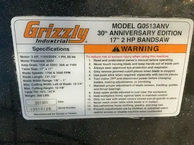 Used 2013 GRIZZLY G0513ANV Woodworking Vertical Band Saws Ohio US | HGR 24 #1286711
