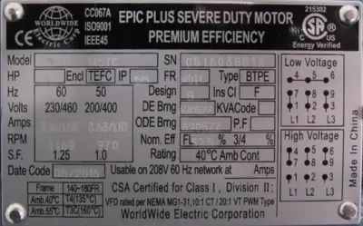 NEW WORLD WIDE ELECTRIC FP1-12-145TC SEVERE DUTY MOTOR 1HP 230/460V FP112145TC