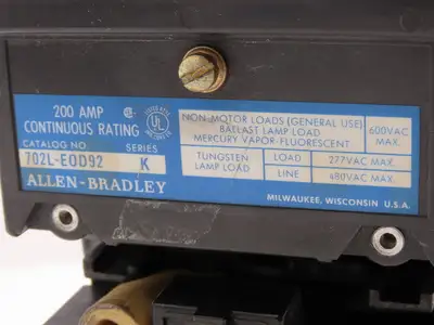 Allen Bradley 702L-EOD92 Lighting Contactor 2-Pole 200A 120V Coil Ser K 600V Max