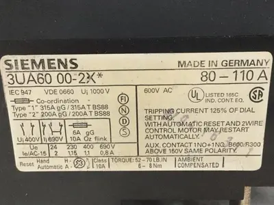 USED SIEMENS 3UA60 00-2X 80-110A