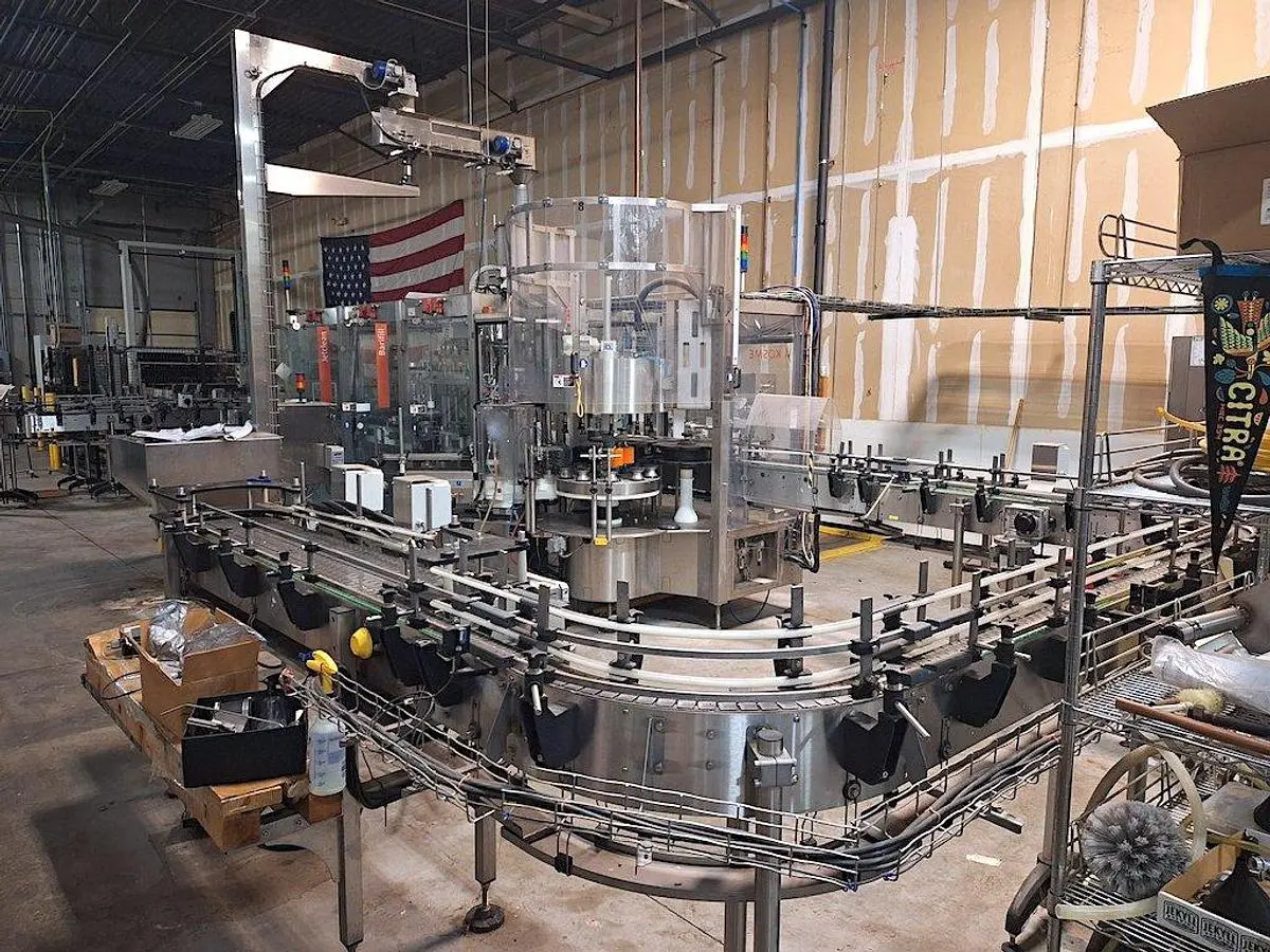 Complete KOSME Bottling Line Includes Depalletizer, Barifill Glass Filler & Flexa Labeler