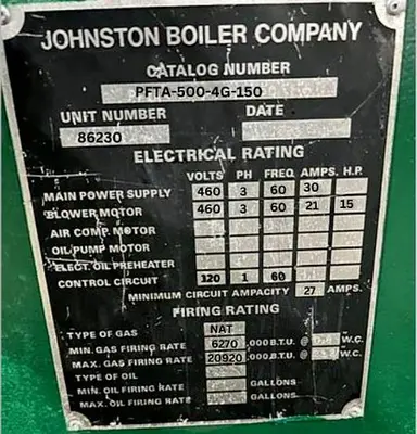 USED 1989 JOHNSTON BOILER PFTA-500-4G-150