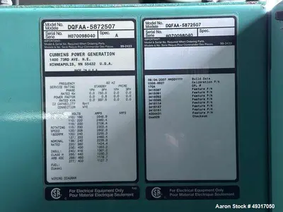 Used Cummins 750 kW Diesel Generator – DQFAA, Tier 2, 480V Capable, UL2085 Tank, Passed Load Test