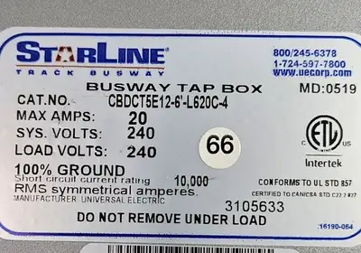 STARLINE Busway Tap Box CBDCT5E12-6'-L620C-4 20A. 240V. 6C-11