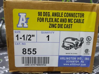 Arlington 855 90° 1-1/2" Angle Connector for Flex AC and MC Cable New NIB