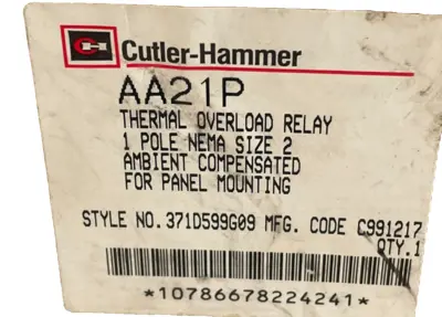 NEW CUTLER HAMMER AA21P THERMAL OVERLOAD RELAY 1 POLE SIZE 2