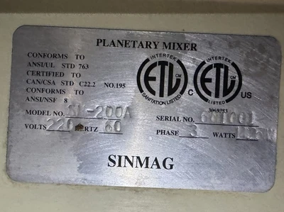 Used SINMAG SM-200A Planetary Mixers California US | BakeryEquipment.com #1555061