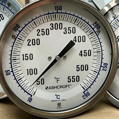(5) ASHCROFT 5” BIMETAL THERMOMETER 3" STEM 50-550F 10-290C NNB * READ*