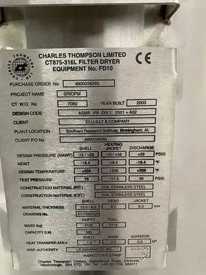 Charles Thompson 585 Liter Nutsche Agitated Filter Dryer w/ Spares 0.58 m3