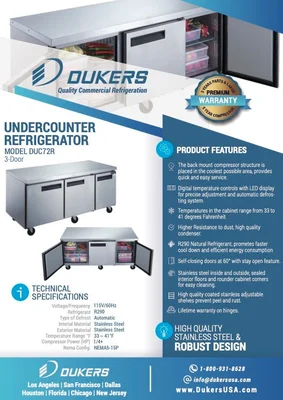 New | in-Stock Dukers New Dukers DUC72R 3-Door Undercounter Commercial Refrigerator in Stainless Steel Undercounter Refrigerators Illinois US | Falcon Restaurant Supply #1376284