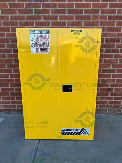 Used JUSTRITE 45 GALLON FLAMMABLE LIQUID STORAGE CABINET W/ SOFT CLOSE DOORS KEY Biological Safety Cabinets | Equipment Lab #486641