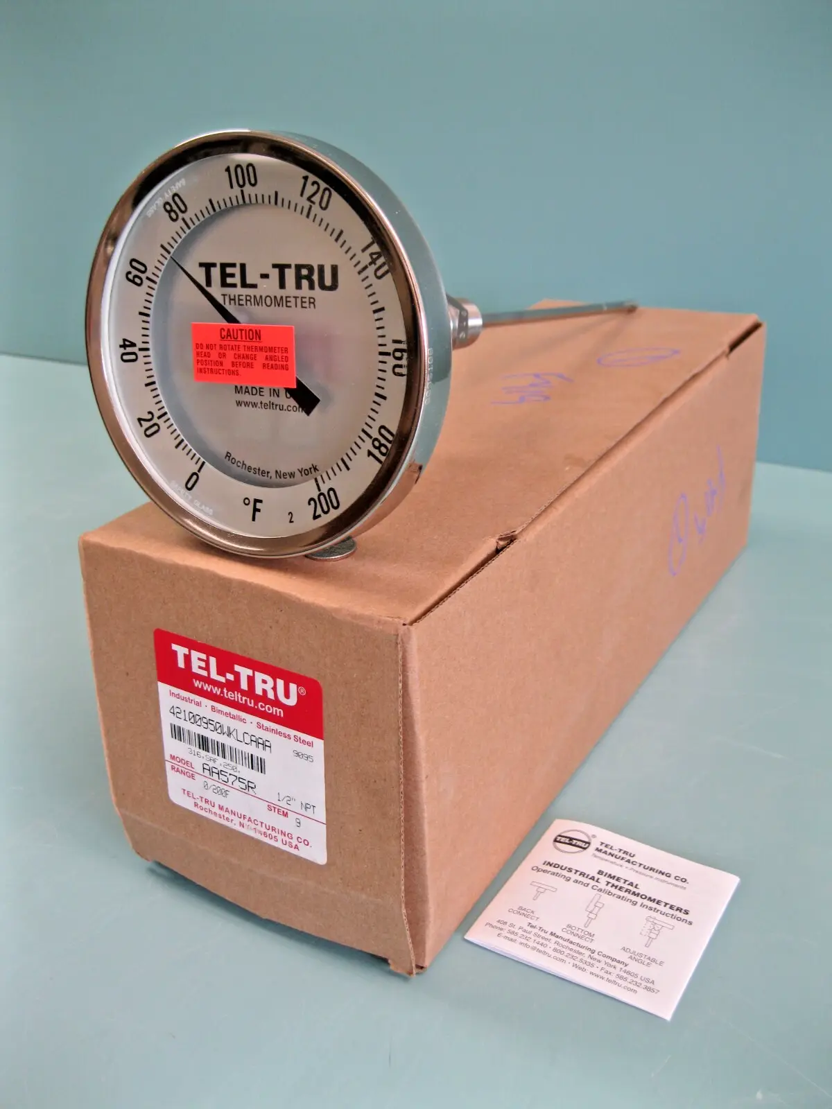 NEW 1/2" NPT Tel-Tru 0-200F° Adjustable Angle Thermometer 5" Dial 9" Stem A7