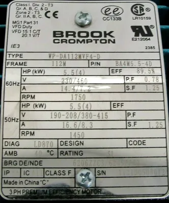 NEW BROOK CROMTON BA4M5.5-4D MOTOR 5.5HP 230/460V 1750RPM WP-DA112MVF4-D