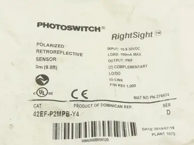 Allen Bradley 42EF-P2MPB-Y4 RightSight Photoelectric Sensor Photo Eye Ser D