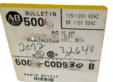 ALLEN BRADLEY 500-COD930 AC CONTACTOR SERIES B 500COD930 NEW, SURPLUS
