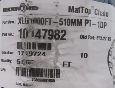 NEW REXNORD 10147982 MATTOP CHAIN 18"x5' XLG1000FT-510MM PT-1DP