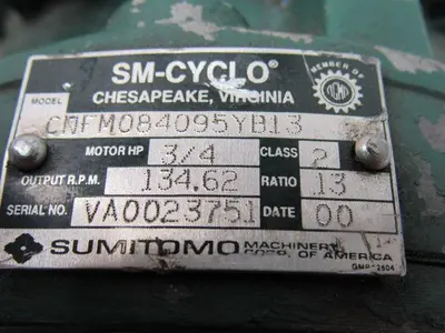 Sumitomo CNFM084095YB13 SM-Cyclo 3/4HP 3Ph Gear Motor 13:1 Ratio 134.62 RPM