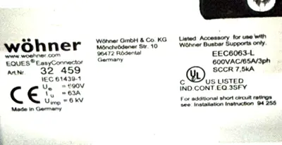 NEW WOHNER 32 459 BUSBAR ADAPTER EEC6063-L 600V 63A/65A 3PH