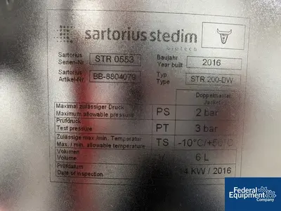USED Sartorius 200 Liter Sartorious Single Use Bioreactor, Model STR 200 DW