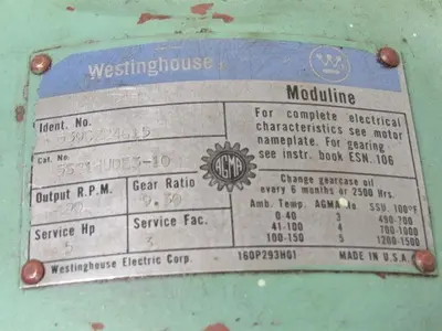 Westinghouse 639C224G15 Type G Moduline Speed Reducer 9.30:1 Ratio 190 RPM