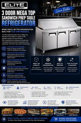 Elite Stainless Steel 3 Door Mega Top Sandwich Prep Table on Castors