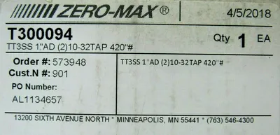NEW ZERO-MAX T300094 COUPLER TT3SS 1" AD (2)10-32TAP 420"#