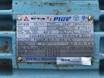 15 hp, 230/460 volts, 3525 rpm, 254T Electric Motor