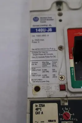 Allen Bradley 140U-J6X3 100A 3P 600V AC 250V DC Circuit Breaker STOCK H1868