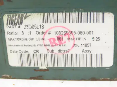 Dodge 23Q05L18 Tigear 2 Worm Gearbox 5:1 Reducer 350rpm 5.25Hp LH 180TC