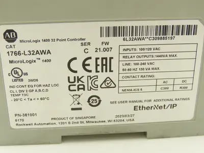 Allen Bradley 1766-L32AWA MicroLogix 1400 Controller Module 32Pt Series C. FW 21