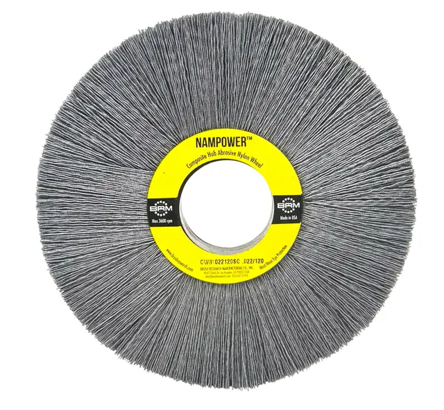 BRM 8" x 1" Composite Hub Nylon Abrasive Wheel 120 Grit .022" Bristle