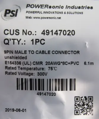 NEW LOT OF 8 POWERSONIC 49147020 CABLE 9 PIN TO CABLE CONNECTOR