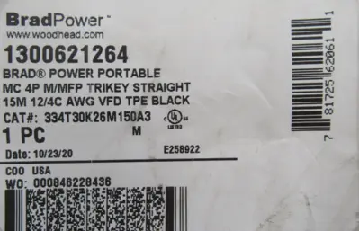 NEW WOODHEAD 1300621264 POWER CABLE 334T30K26M150A3 4P 15M 12/4C