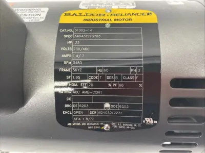 Used ABB, Baldor-Reliance Electric Motor 3-Phase 3450rpm 0.33HP 34N431S937G3 A.C. Motors Michigan US | Maverick Industrial Sales #1391853