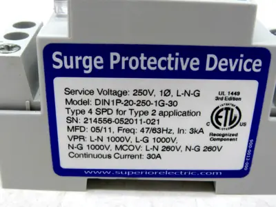 NEW SUPERIOR ELECTRIC DIN1P-20-250-1G-30 SURGE PROTECTOR DEVICE DIN1P202501G30