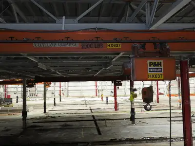 Cleveland Tramrail P&H 1 Ton Single Girder Underhung Bridge Crane 45' 10" Span