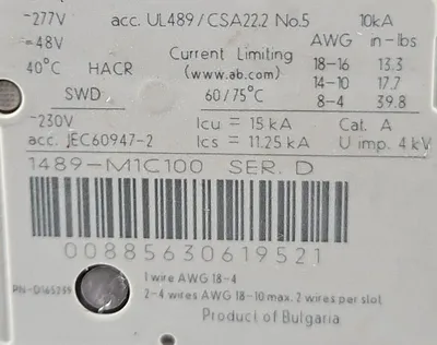 Allen Bradley 1489-M1C100 Ser D. Circuit Breaker. 4E-24