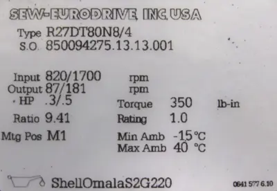 NEW SEW EURODRIVE DFT80N8/4 GEAR MOTOR 9.41:1 .3/.5HP 460V R27DT80N8/4