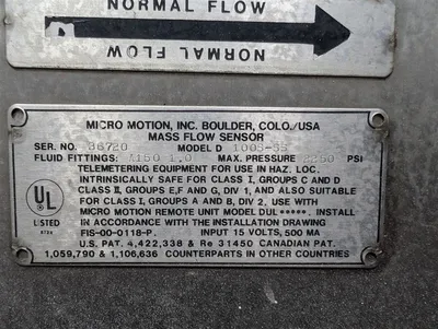 Micro Motion Model D 100S-SS Mass Flow Sensor Used