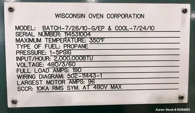 Used Wisconsin Oven Batch Oven – 350°F | 2MM BTU/hr | Propane | 29' Length | Model Batch-7/26/10-G/EP