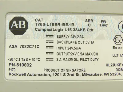 Allen Bradley 1769-L16ER-BB1B CompactLogix L16 DI/O 384KB Controller Series C