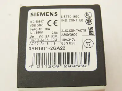 Siemens 3RT1017-1BB42 Contactor Auxiliary Contact Block 20A 600V