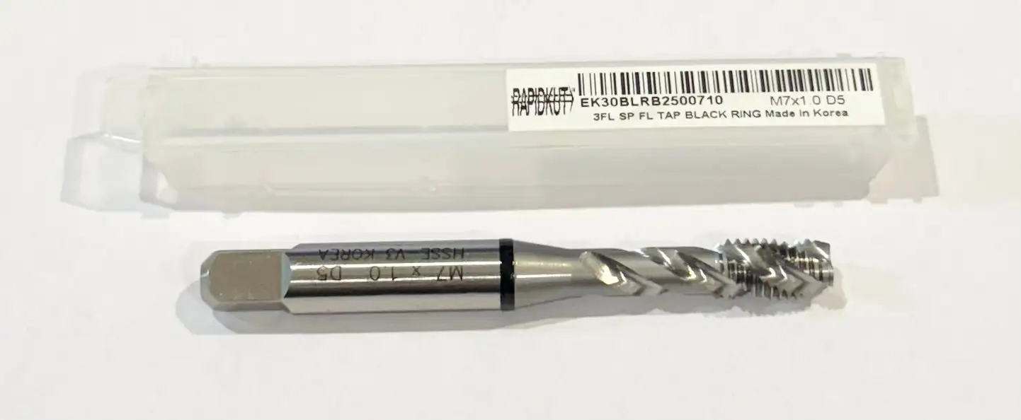RapidKut M7 x 1mm HSS Spiral Flute Tap 3FL Black Ring Semi-Bottoming HSS-EX Coated