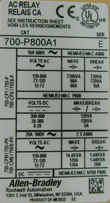 NEW ALLEN BRADLEY 700-P800A1 CONTROL RELAY SER E TYPE P 700P800A1