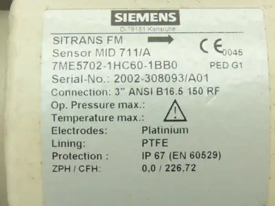 Siemens SITRANS FM MID 711/A Flowmeter Sensor Valve 3" Flanged 150# PTFE Lined