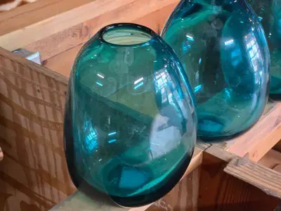 Lot of (4) Handblown Art Glass Table Vases by Holmegaard 6" x 7" (blue) (rounded triangle)